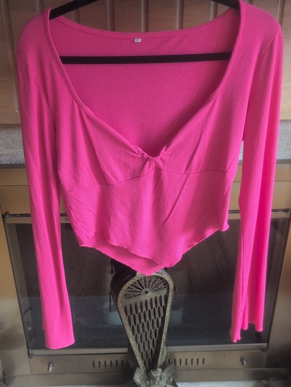 Women's Hot Pink Long-Sleeve V-Neck Ribbed Crop Top